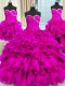 Top Selling Four Piece Fuchsia Sleeveless Beading and Ruffles and Ruching Floor Length 15th Birthday Dress