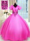 Hot Pink Lace Up V-neck Appliques Ball Gown Prom Dress Organza Short Sleeves