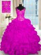 Charming Fuchsia Quinceanera Dresses Organza Brush Train Sleeveless Beading and Embroidery and Ruffles