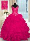 Smart Lace Up Sweet 16 Quinceanera Dress Hot Pink for Military Ball and Sweet 16 and Quinceanera with Beading and Embroidery and Ruffles Brush Train