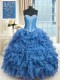 Sleeveless Floor Length Beading and Ruffles Lace Up Quince Ball Gowns with Baby Blue