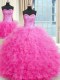 Three Piece Ball Gowns 15 Quinceanera Dress Rose Pink Strapless Tulle Sleeveless Floor Length Lace Up