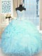 Floor Length Lace Up Quinceanera Gowns Light Blue for Military Ball and Sweet 16 and Quinceanera with Beading and Ruffles and Pick Ups