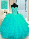 Flare Ruffled Sweetheart Sleeveless Lace Up Quinceanera Gowns Turquoise Organza