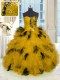 Gold Quince Ball Gowns Military Ball and Sweet 16 and Quinceanera and For with Beading and Ruffles Strapless Sleeveless Lace Up