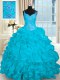 Exceptional Beading and Embroidery and Ruffles Quince Ball Gowns Aqua Blue Lace Up Sleeveless Brush Train