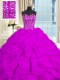 With Train Purple Ball Gown Prom Dress Organza Brush Train Sleeveless Beading and Ruffles