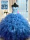 Sleeveless Floor Length Beading and Ruffles Lace Up Sweet 16 Quinceanera Dress with Blue