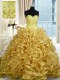 Adorable Sleeveless Organza With Train Sweep Train Lace Up Quinceanera Gowns in Gold with Beading and Pick Ups