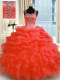 Suitable Sleeveless Organza Floor Length Zipper Ball Gown Prom Dress in Red with Beading and Ruffles