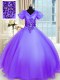 Superior Short Sleeves Organza Floor Length Lace Up 15th Birthday Dress in Lavender with Appliques