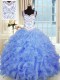 Floor Length Blue Quinceanera Gowns Organza Sleeveless Beading and Appliques and Ruffles