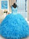 Hot Selling Blue Ball Gowns V-neck Sleeveless Organza Floor Length Zipper Beading and Ruffles Quince Ball Gowns
