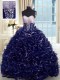 Organza Sweetheart Sleeveless Brush Train Lace Up Beading and Ruffles Quince Ball Gowns in Navy Blue