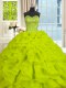 Sleeveless Organza With Brush Train Lace Up Sweet 16 Quinceanera Dress in Yellow Green with Beading and Ruffles