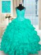 Lace Up 15 Quinceanera Dress Turquoise for Military Ball and Sweet 16 and Quinceanera with Beading and Ruffles Brush Train