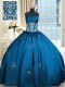 Simple Taffeta Strapless Sleeveless Lace Up Beading and Appliques and Ruching Vestidos de Quinceanera in Blue and Teal