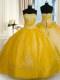 Strapless Sleeveless Quinceanera Gown Floor Length Beading and Embroidery Gold Organza