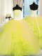 Fashionable Sleeveless Tulle Floor Length Lace Up Sweet 16 Quinceanera Dress in Yellow Green with Beading and Ruffles