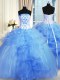 Luxury Blue Ball Gowns Pick Ups and Hand Made Flower Sweet 16 Dresses Lace Up Tulle Sleeveless Floor Length