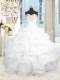 Flare White Ball Gowns Beading and Ruffles Sweet 16 Dresses Lace Up Organza Sleeveless Floor Length