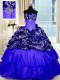 Glamorous Printed Royal Blue Sweetheart Lace Up Beading and Ruffled Layers and Sequins Quinceanera Dress Sweep Train Sleeveless