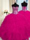 Customized Fuchsia Ball Gowns Beading and Ruffles Quince Ball Gowns Lace Up Organza Sleeveless Floor Length