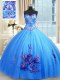 Custom Design Floor Length Blue 15 Quinceanera Dress Tulle Sleeveless Beading and Appliques and Embroidery