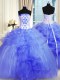 Colorful Blue Strapless Neckline Pick Ups and Hand Made Flower Quinceanera Gown Sleeveless Lace Up