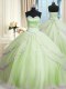 Yellow Green Ball Gowns Beading and Appliques Quinceanera Dress Lace Up Tulle Sleeveless With Train