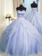 Latest Lavender Tulle Zipper Sweetheart Sleeveless With Train Quinceanera Gown Brush Train Beading and Appliques