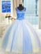 Adorable Sleeveless Floor Length Beading and Sequins Lace Up Vestidos de Quinceanera with Blue And White