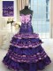 With Train Dark Purple Ball Gown Prom Dress Taffeta Sweep Train Sleeveless Appliques and Ruffled Layers and Bowknot