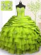 Admirable Olive Green Ball Gown Prom Dress Military Ball and Sweet 16 and Quinceanera and For with Beading and Appliques and Ruffled Layers and Pick Ups Strapless Sleeveless Brush Train Lace Up  Admirable Olive Green Ball Gown Prom Dress Military Ball and Sweet 16 and Quinceanera and For with Beading and Appliques and Ruffled Layers and Pick Ups Strapless Sleeveless Brush Train Lace Up