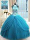 Baby Blue Tulle Lace Up Quinceanera Gowns Sleeveless Floor Length Beading