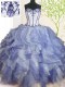 Captivating Blue And White Sleeveless Beading and Ruffles Floor Length 15th Birthday Dress