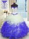 Customized Blue And White Ball Gowns Beading and Ruffles Quinceanera Dress Lace Up Organza Sleeveless Floor Length