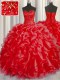 Stunning Organza Halter Top Sleeveless Lace Up Beading and Ruffles Quinceanera Dress in Coral Red