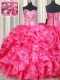 On Sale Floor Length Coral Red 15 Quinceanera Dress Organza Sleeveless Beading and Ruffles
