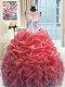 Scoop Watermelon Red Sleeveless Organza Zipper Quince Ball Gowns for Military Ball and Sweet 16 and Quinceanera
