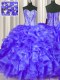 Customized Beading and Ruffles Quinceanera Gowns Purple Lace Up Sleeveless Floor Length
