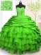 Smart Green Sleeveless With Train Beading and Appliques and Ruffled Layers and Pick Ups Lace Up Sweet 16 Dress  Smart Green Sleeveless With Train Beading and Appliques and Ruffled Layers and Pick Ups Lace Up Sweet 16 Dress
