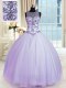 Scoop Sleeveless Tulle Floor Length Lace Up Sweet 16 Quinceanera Dress in Lavender with Beading