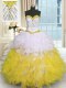 Yellow And White Ball Gowns Sweetheart Sleeveless Organza Floor Length Lace Up Beading and Ruffles Ball Gown Prom Dress