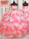 Floor Length Pink And White Sweet 16 Dresses Organza Sleeveless Beading and Ruffles and Hand Made Flower