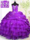 Pick Ups Ruffled Brush Train Ball Gowns Sweet 16 Quinceanera Dress Purple Strapless Organza and Taffeta Sleeveless With Train Lace Up