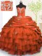 Chic Orange Red Sleeveless With Train Beading and Appliques and Ruffled Layers and Pick Ups Lace Up Quinceanera Gown  Chic Orange Red Sleeveless With Train Beading and Appliques and Ruffled Layers and Pick Ups Lace Up Quinceanera Gown