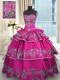 Exquisite Sleeveless Satin Floor Length Lace Up Vestidos de Quinceanera in Fuchsia with Embroidery and Ruffled Layers