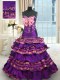 New Style Lace Up Quinceanera Gowns Purple for Military Ball and Sweet 16 and Quinceanera with Appliques and Ruffled Layers and Bowknot Brush Train