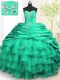 Sleeveless With Train Beading and Appliques and Ruffled Layers and Pick Ups Lace Up 15 Quinceanera Dress with Turquoise Brush Train